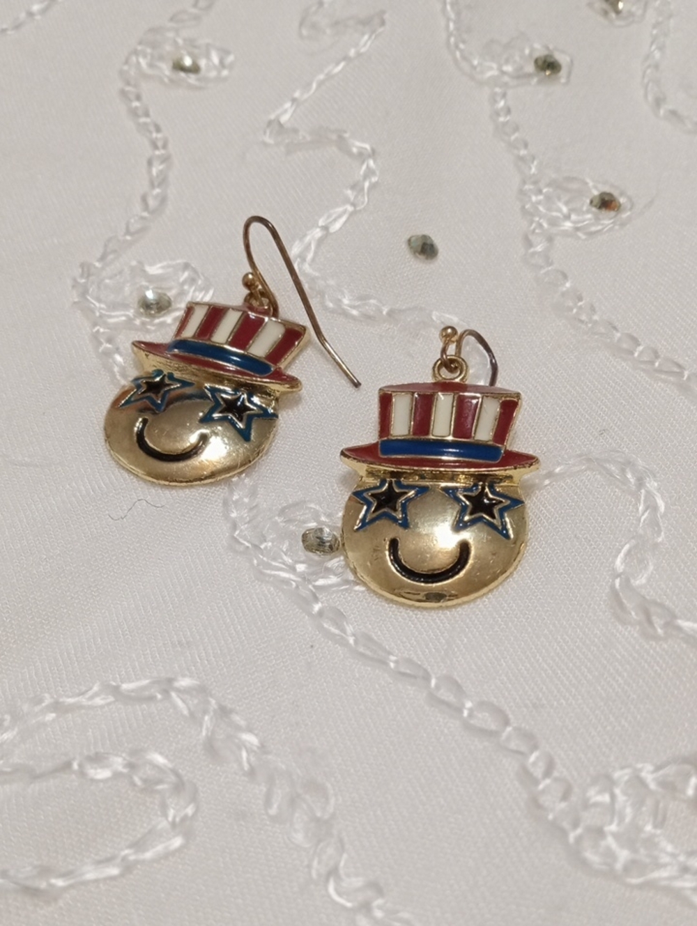 Patriotic Smiley Face Dangle Earrings - Red, White & Blue